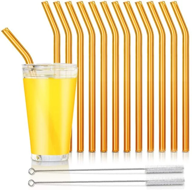 Custom Logo Glass Drinking Straws Reusable Straight Curved Glass Straws with Cleaning Brush Eco-Friendly Straws for Cocktail Milk